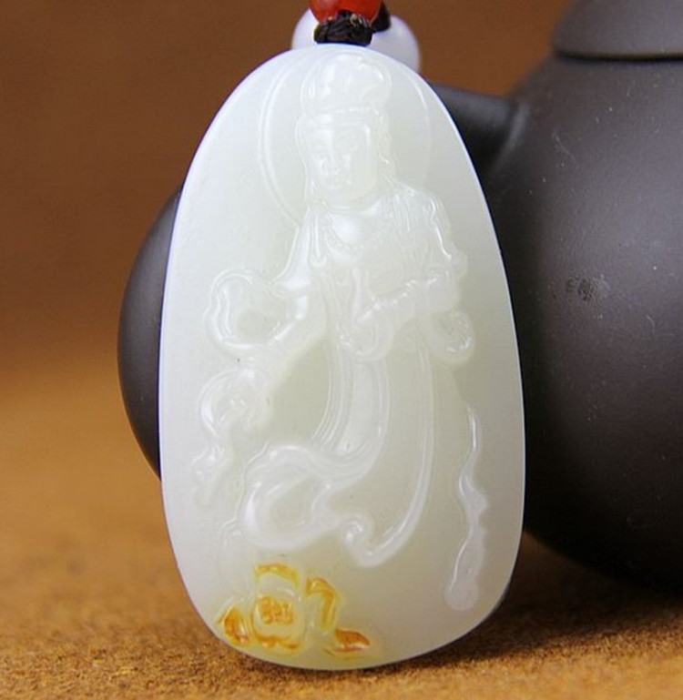 供应白玉外蒙料带皮籽料飘带仙女观音挂件 羊脂级白玉观音把玩件