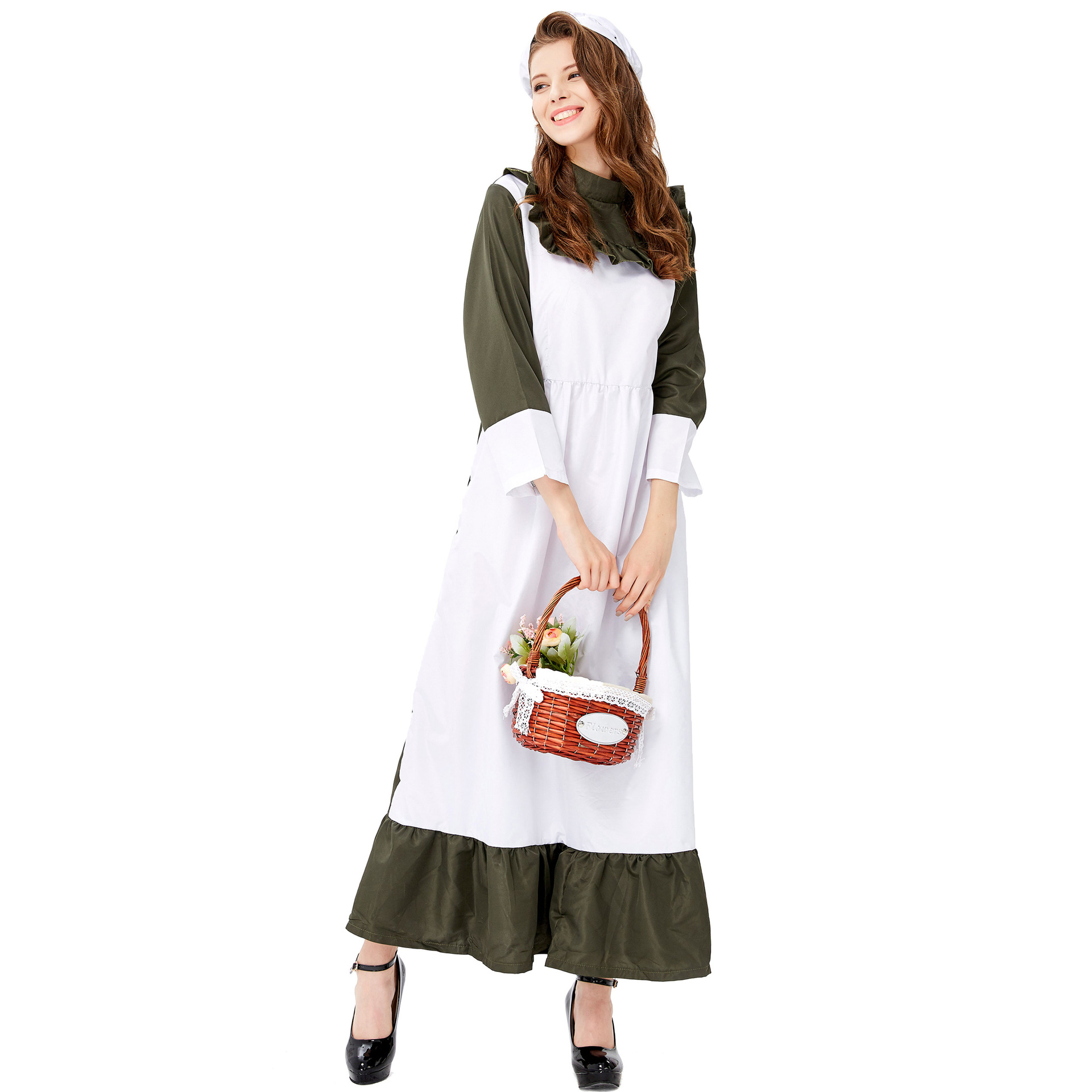 欧美农庄女佣 墨绿色厨娘服装 女仆厨师装扮 农场庄园舞台演出服