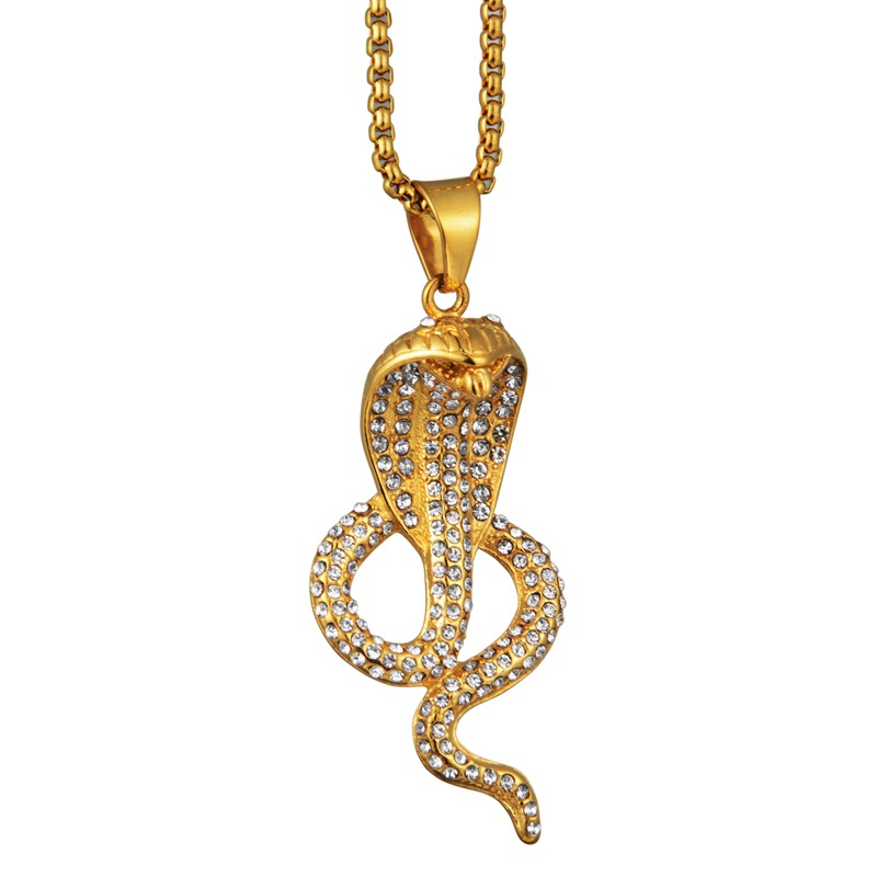 2019款欧美夜店嘻哈潮牌时尚镶钻眼镜蛇钛钢项链男女款stn2926