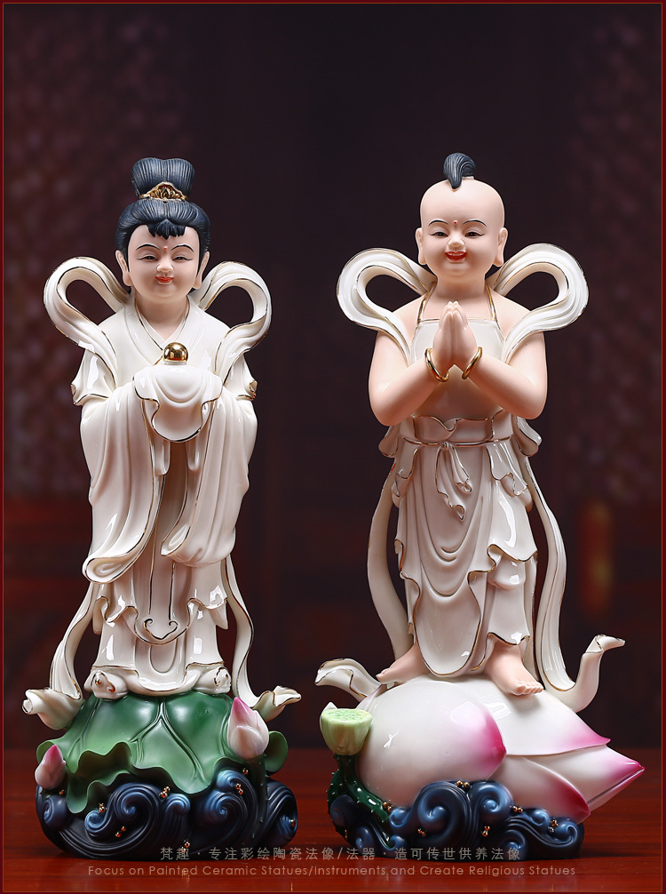 梵趣陶瓷金童玉女摆件招财童男童女善财童子龙女观音左右供奉摆件