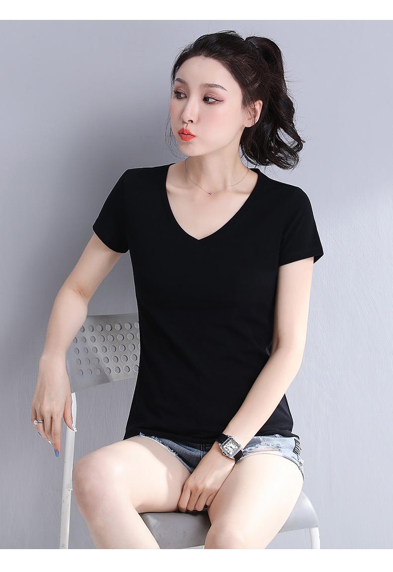 纯黑色v领t恤女短袖修身夏女装2021新款潮体恤紧身上衣黑色短款