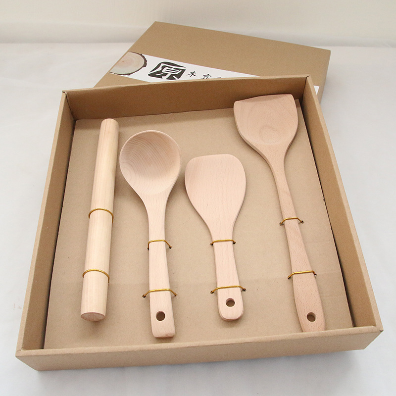 木质创意厨具套装不粘锅饭勺锅铲榉木汤勺四件套厨房礼品套装