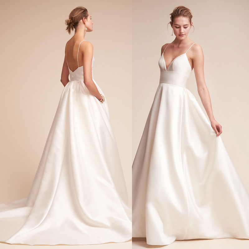 外模v字吊带缎面婚纱简约拖尾新娘敬酒服艺术写真旅拍轻婚纱