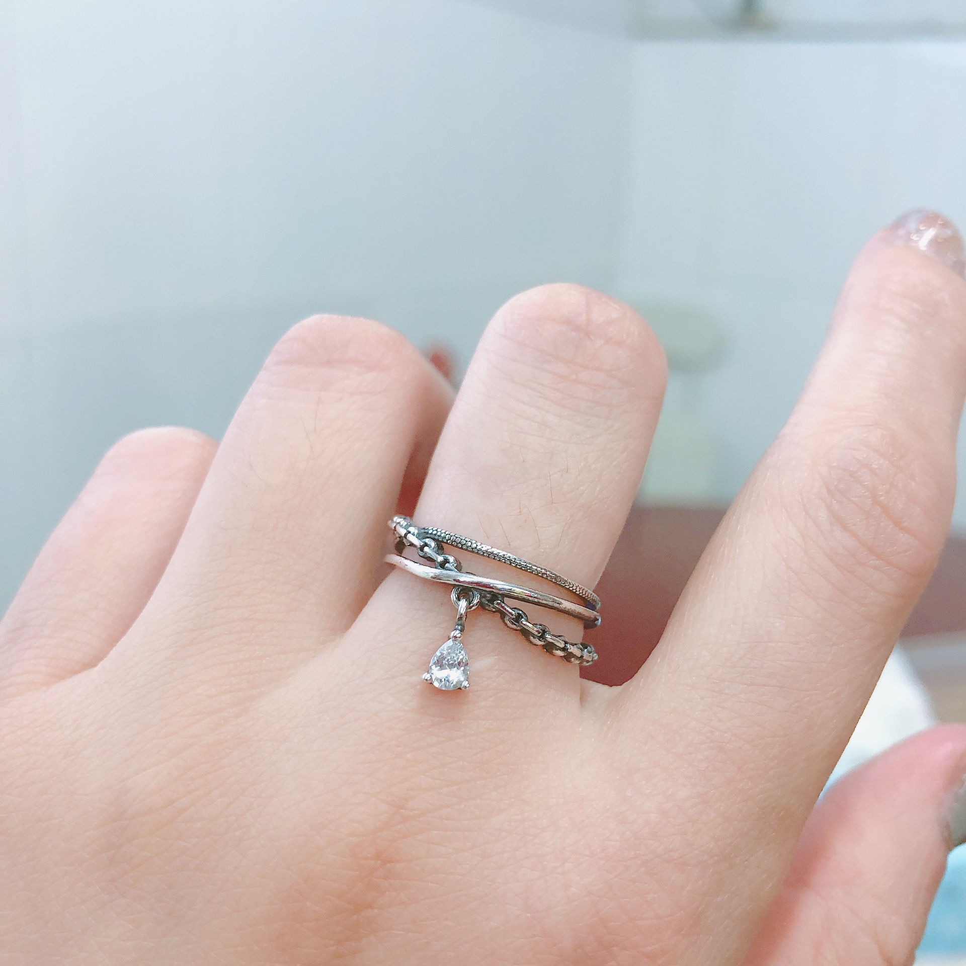 s925通体纯银戒指 三层水滴单戒 复古做旧泰银锆石戒银首饰女5453