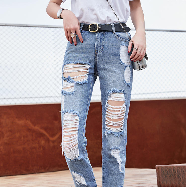 牛仔裤女2022新款夏季破洞美式街头乞丐宽松高腰大码女式直筒裤子