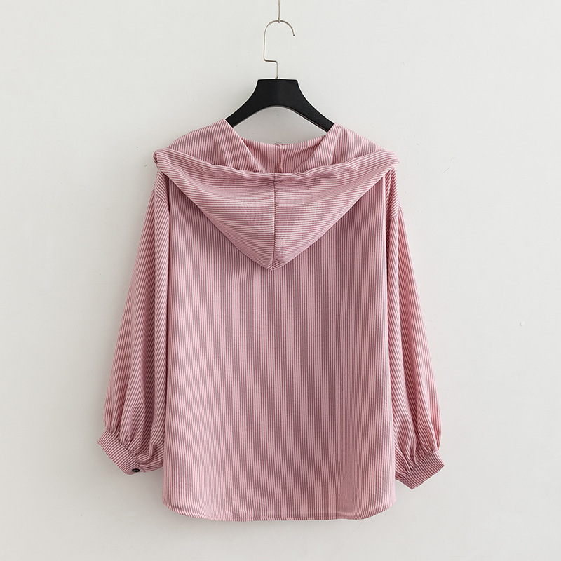 g1春装新款2019大码女装加肥加大胖mm雪纺麻料条纹连帽罩衫835