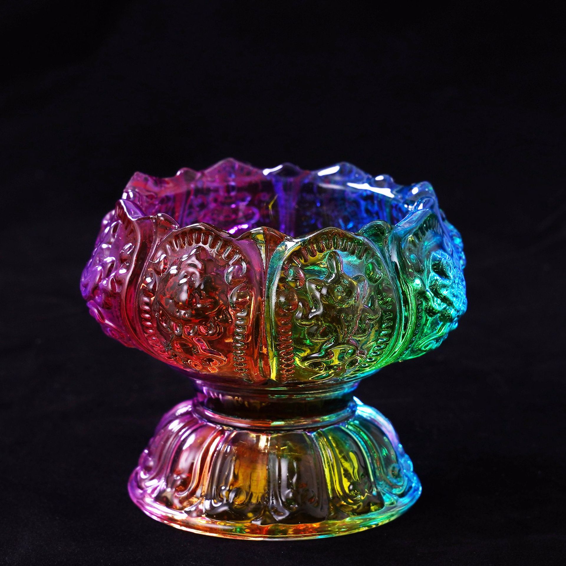 佛具七彩琉璃八吉祥酥油灯座 佛教用品供佛灯水晶烛台摆件批发