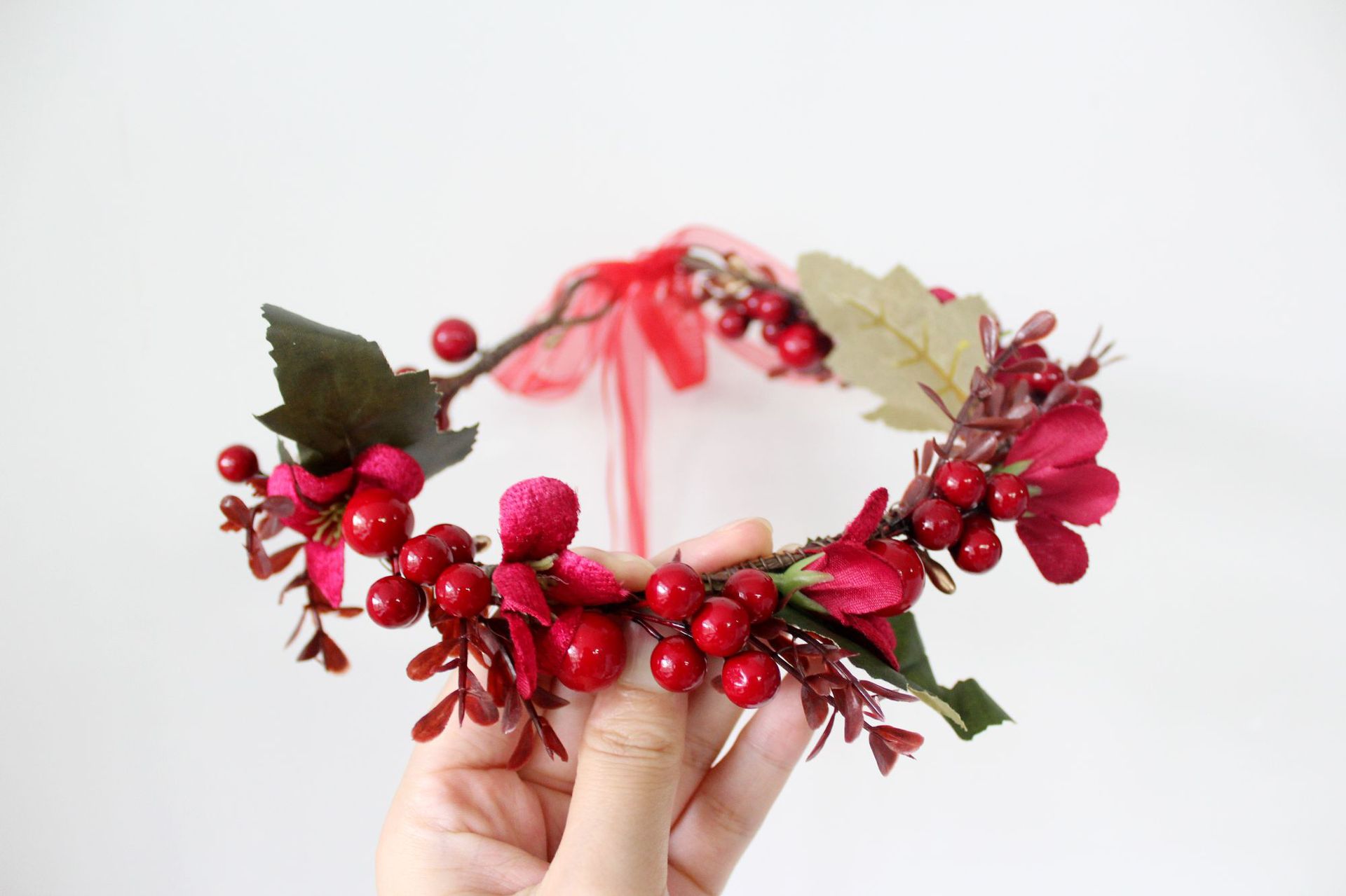 新款圣诞节花环新娘头饰大红色喜庆仿真浆果发饰节日舞蹈婚礼配饰