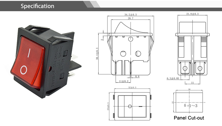 kcd4大电流船型 6脚3档 船形翘板电源开关 双联双刀双掷 童车开关