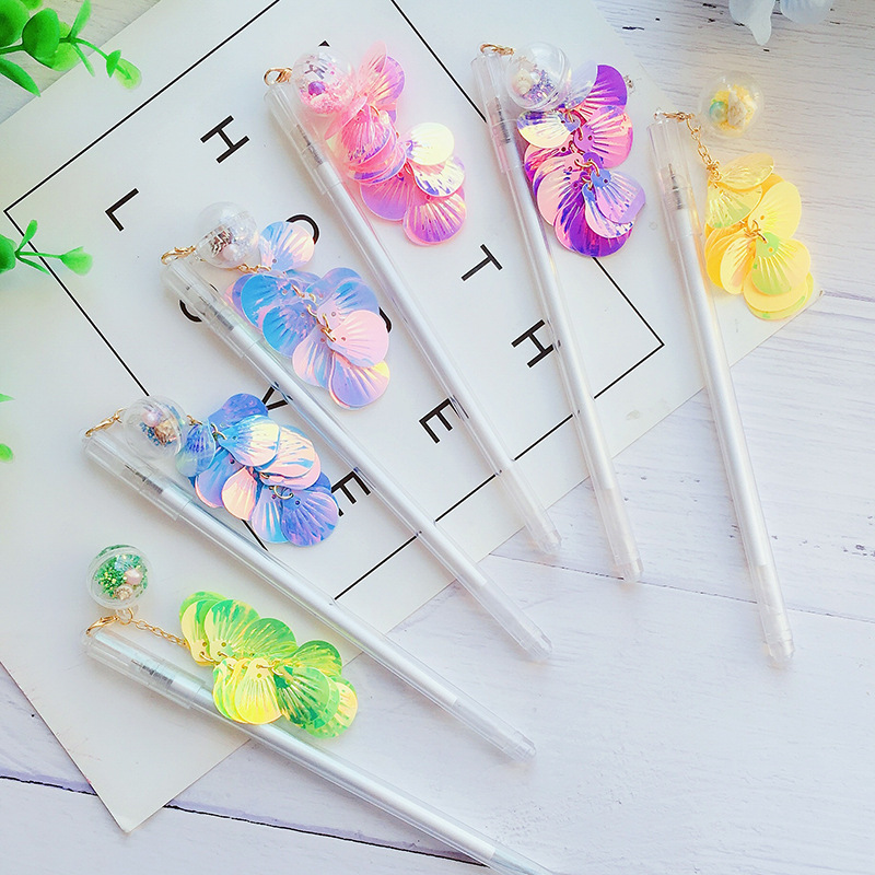 流沙贝壳鱼鳞亮片挂件全针管中性笔 学生可爱创意水笔 吊坠笔