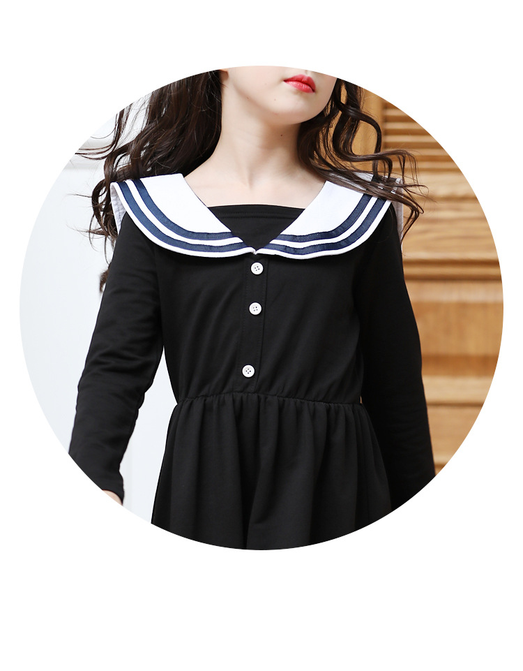 19秋季新款海军裙黑色长袖大翻领休闲百搭收腰中大女童连衣裙6803