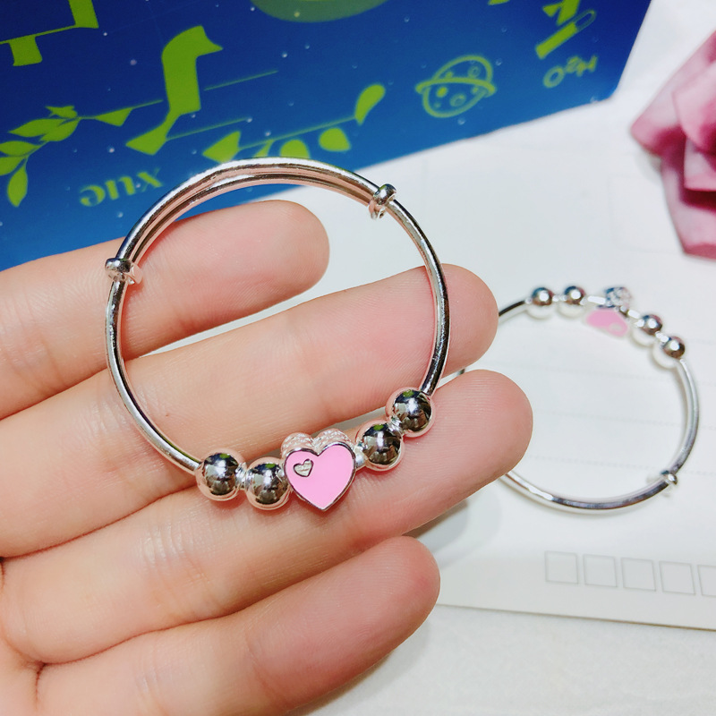足银999粉色心形纯银手镯儿童宝宝手环可刻字社会人满月礼物饰品