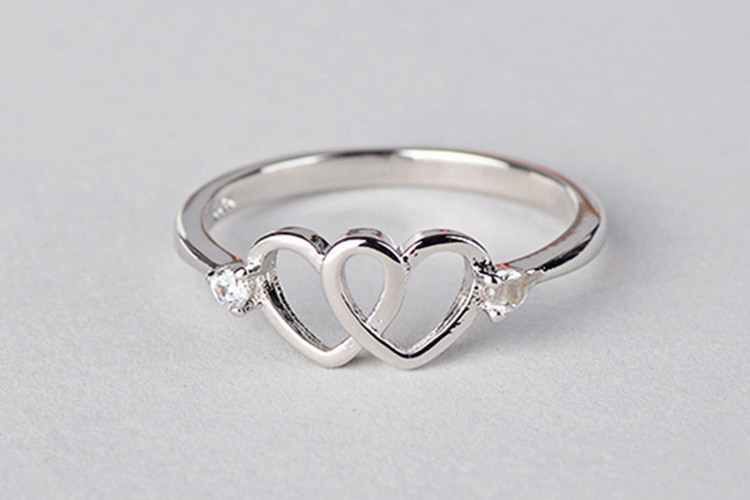 简约创意双爱心戒指女韩版韩式小清新甜美心形镶锆石戒指批发饰品