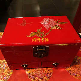 手工彩绘漆器木质结婚中式珠宝绒布贴金首饰盒木质漆画婚庆礼品盒