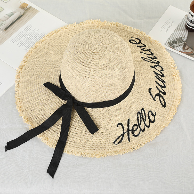 Straw Hat Ladies Bow Broad-Brimmed Hat Dome Sun Protection Beach Letter Big Brim Seaside Sunhat Tide
