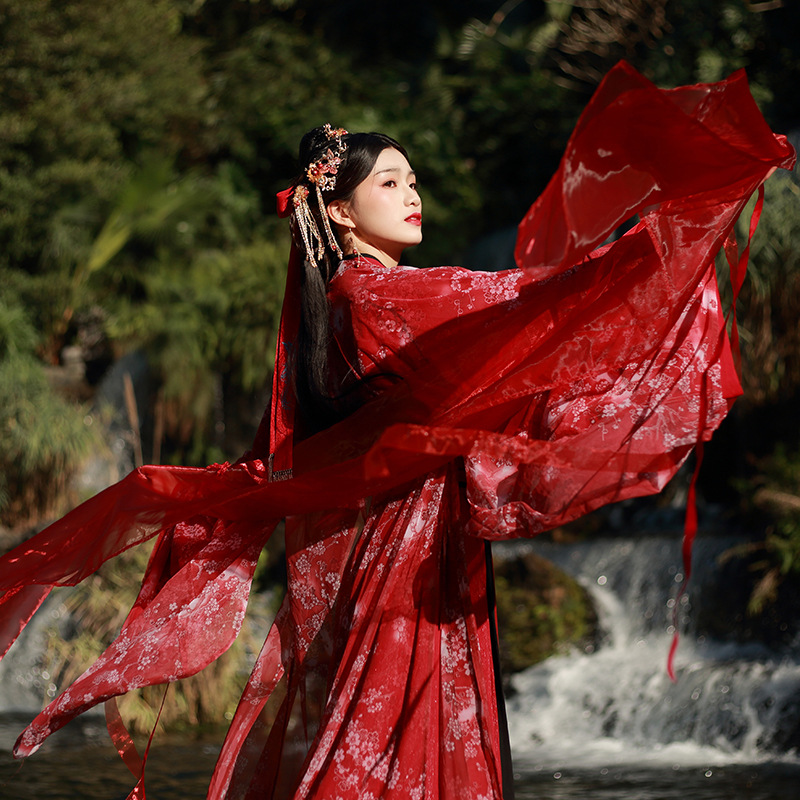 【红绸】原创正品 网纱印梅花大袖衫 对襟上儒 齐腰裙