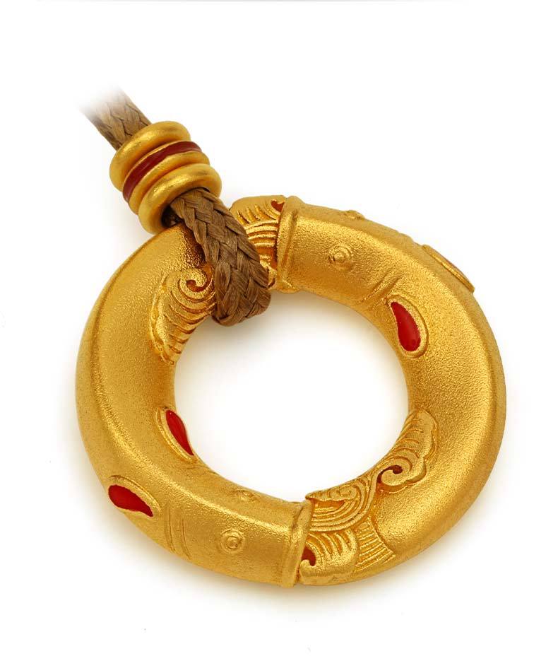 古法传承手工喷砂镀镀黄金双鱼烧蓝平安扣吊坠 老挝砂金不易掉色