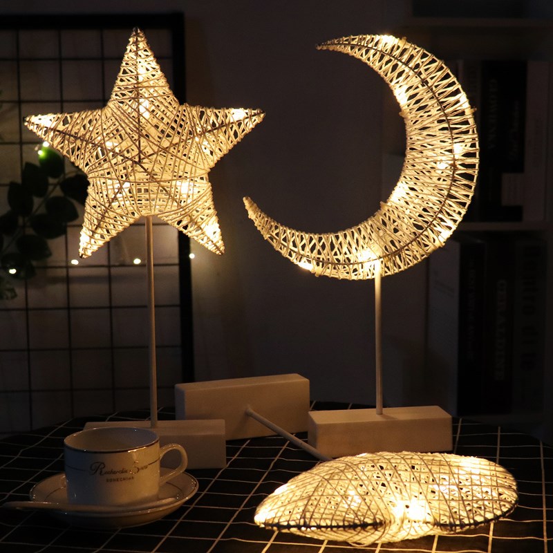 led小夜灯藤条装饰灯星星台灯月亮台灯圣诞节日灯ins爱心造型灯