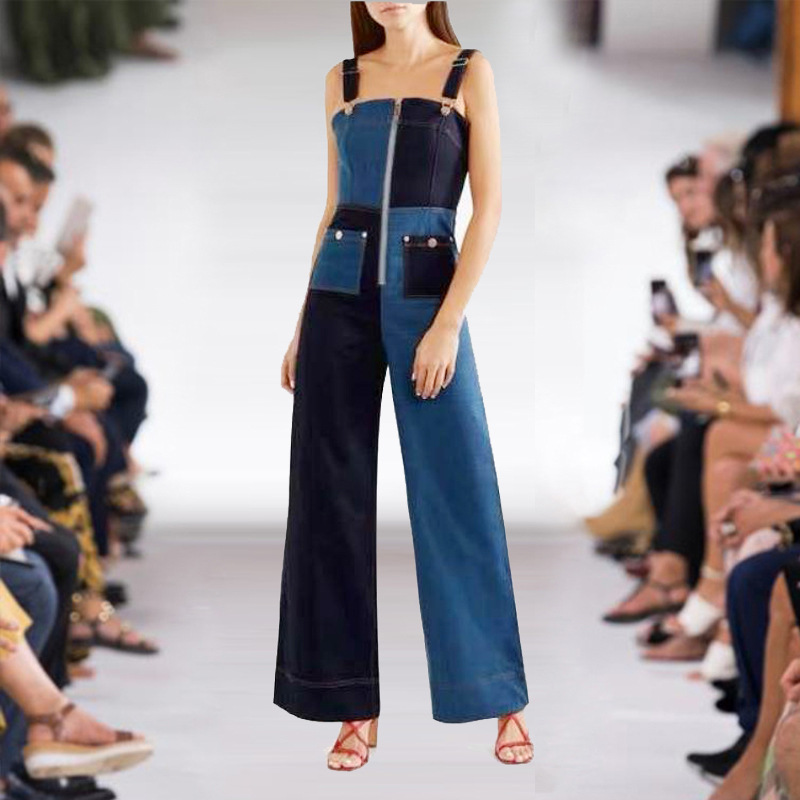 欧洲站2019秋季外贸新款女装陈瑜同款蓝色撞布拼接吊带牛仔连体裤