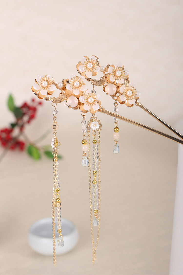 宇辰原创手工汉服古装头饰发簪步摇头饰长流苏古风镀金色陌上桑女