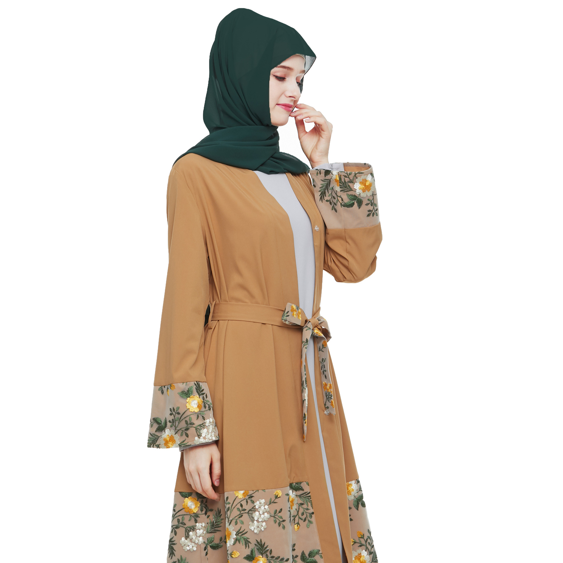 亚马逊中东迪拜阿拉伯女装 刺绣花网布拼接开衫外穿长袍abaya