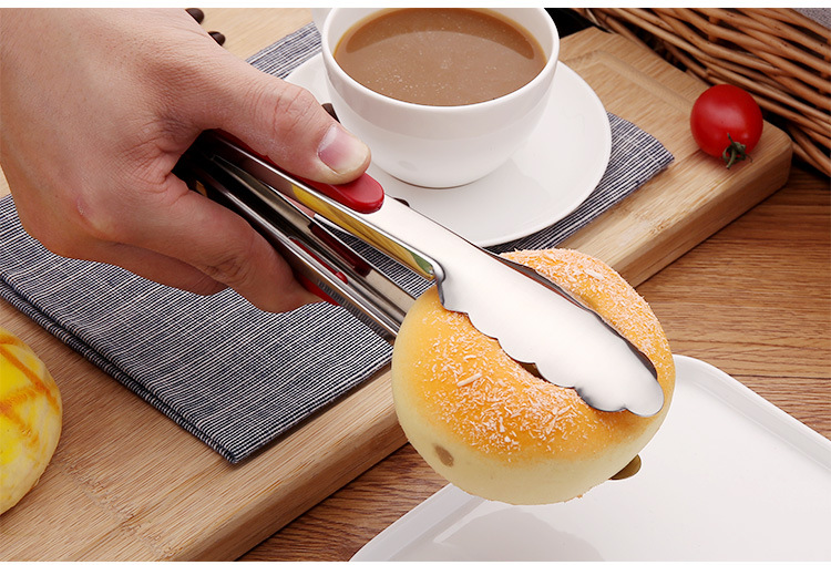 家用硅胶防烫面包夹 自助餐水果食品夹 厨房工具不锈钢食物夹