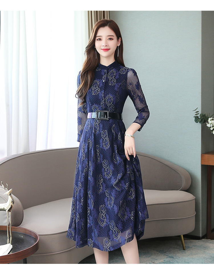 时尚蕾丝连衣裙女2019秋装新款长袖收腰显瘦过膝大摆春秋长裙子