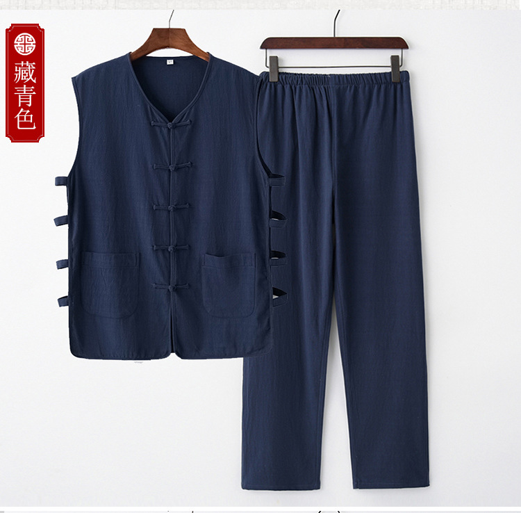 唐装马褂男夏季薄款宽松休闲短袖套装中式汉服老头衫汗衫无袖马甲