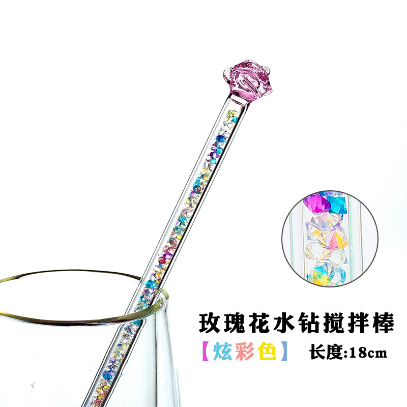 Customized Qixuan Rose Rhinestone Glass Coffee Milk Powder Milk Tea Drink Juice Glass Stirrer