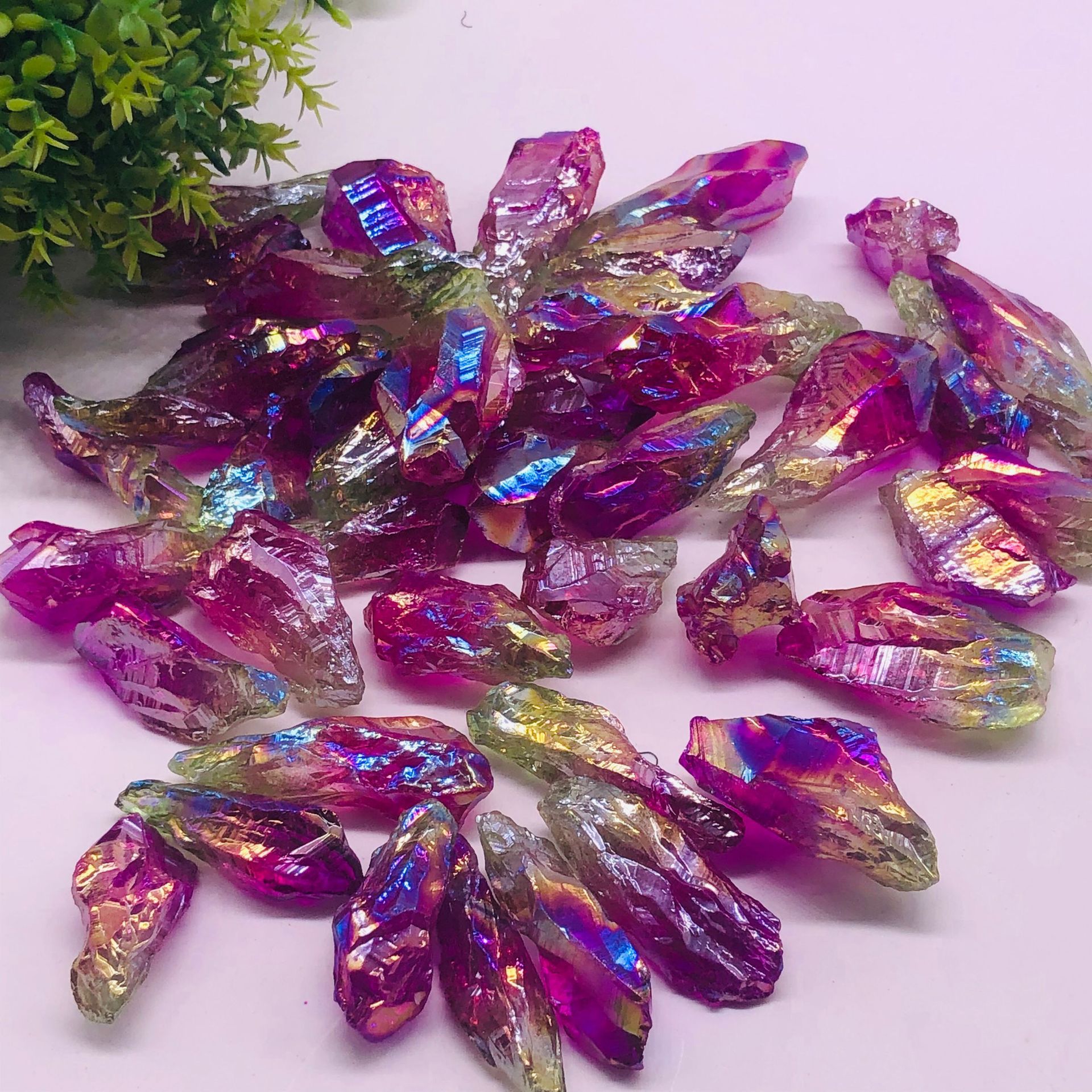 电镀天然白水晶柱水晶簇 紫蓝粉绿多色镀彩水晶柱晶摆件批发