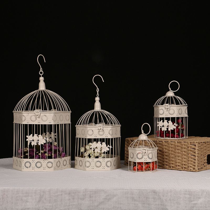 欧式铁艺鸟笼挂件 婚庆会所复古鸟笼装饰 影楼橱窗六边形鸟笼摆饰