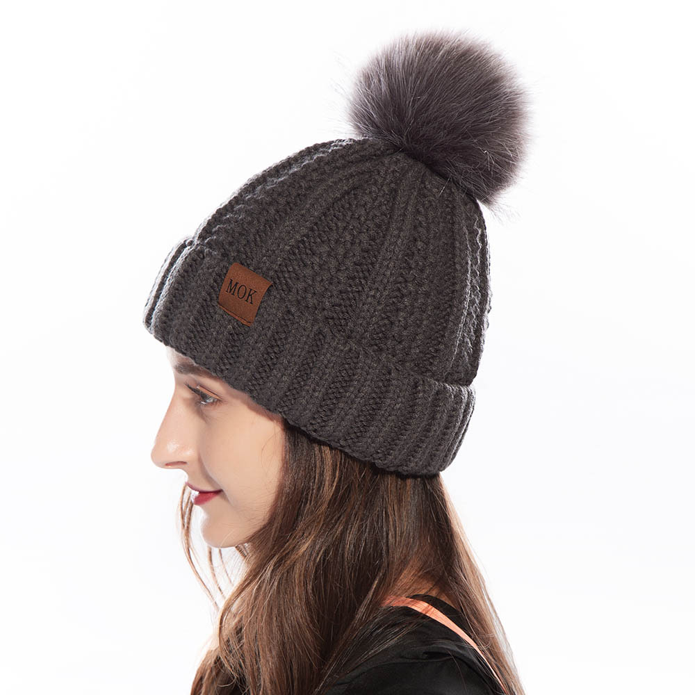 欧美秋冬新款针织帽女仿皮草狐狸毛球纯色毛线帽子户外mok贴标