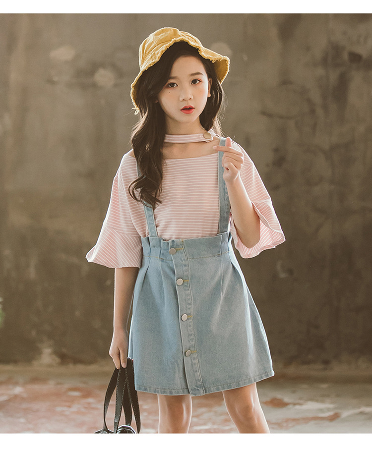 2021夏季新款中大童韩版宽松童裙女童洋气裙子儿童背带牛仔短裙潮