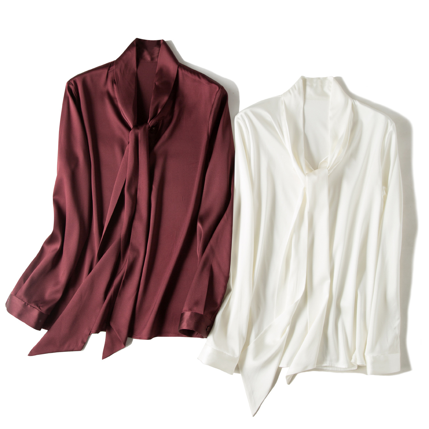 飘带领纯色真丝缎面衬衫女长袖桑蚕丝时尚洋气打底上衣秋2019新款