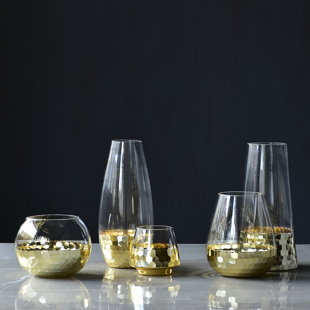 Factory Direct Sales European Ins Decoration Creative Simple Glass Vase Electroplating Grinding Honeycomb Transparent Golden Flower Device