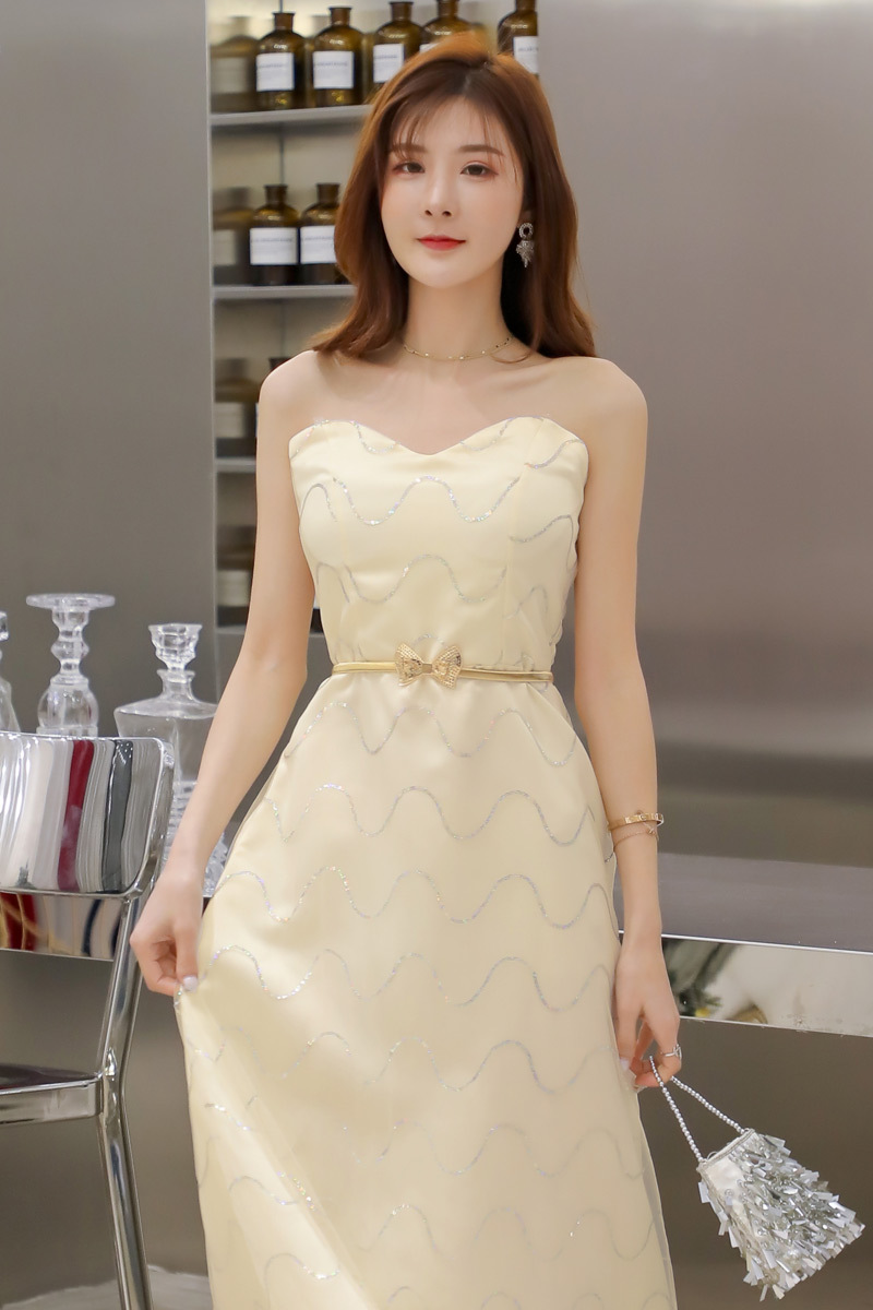 时尚网纱珠片抹胸v领大码礼服裙胖m长款连衣裙(送腰带)/6604