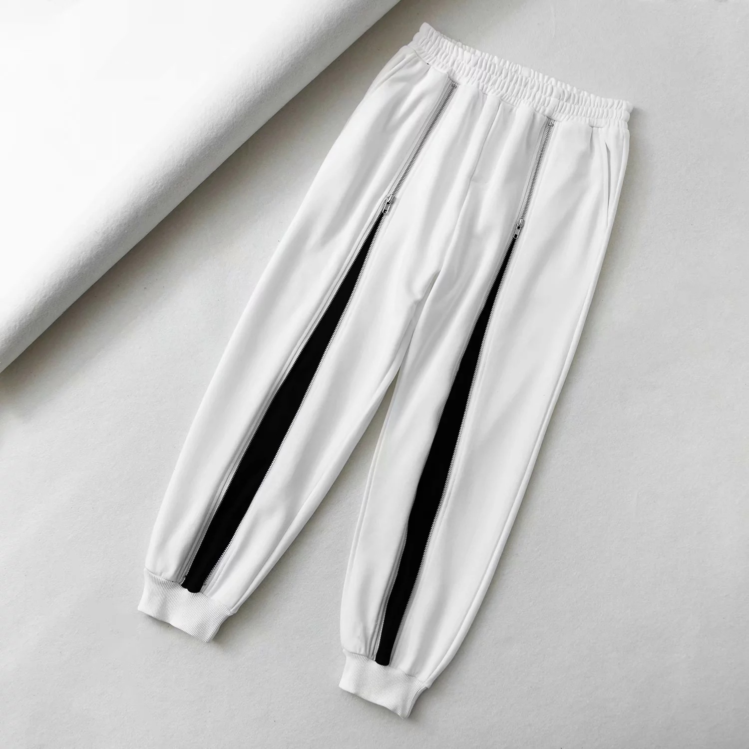 欧美风2019秋冬新款百搭链装饰拼色宽松显瘦休闲裤卫裤女束脚长裤