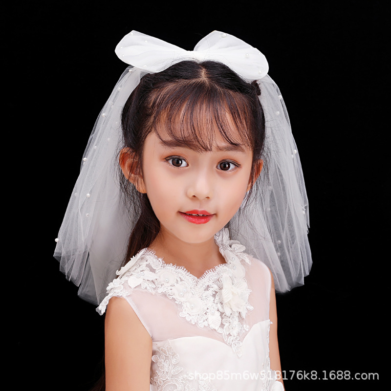 新款多层珍珠蝴蝶结小头纱女孩儿童演出拍照写真头饰新娘头纱批发