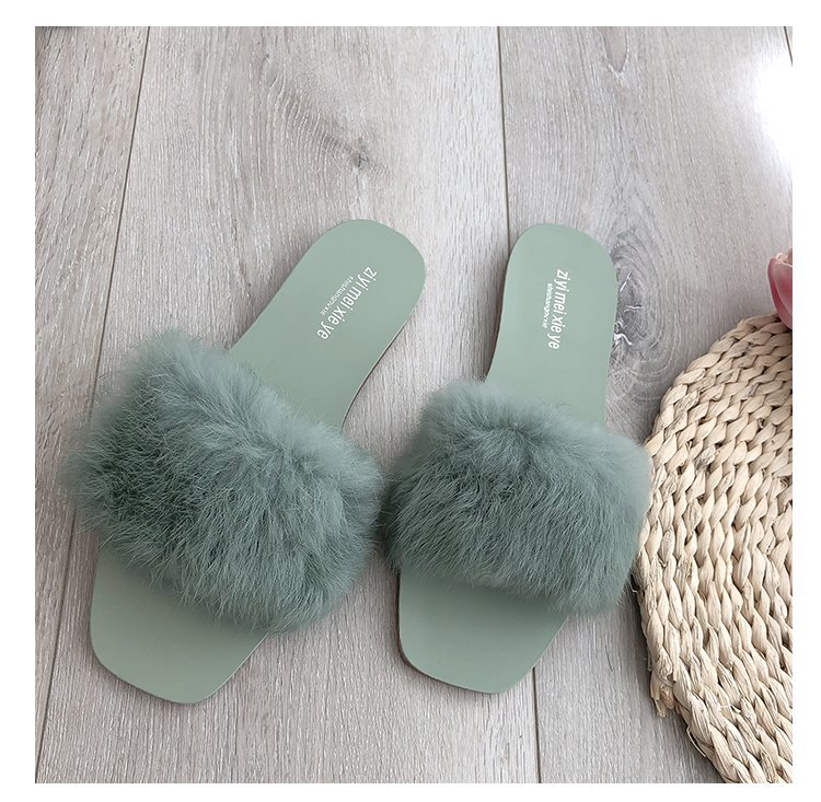 平底女鞋_新款2019夏交叉透明毛毛一字型凉拖鞋软底毛毛女鞋