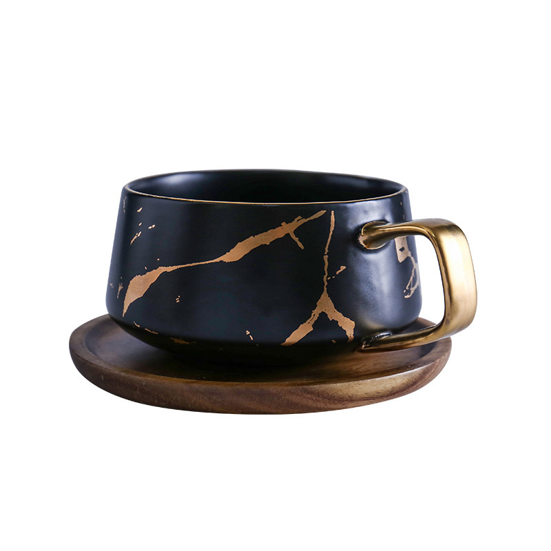 Marble Pattern Matte Gold Coffee Cup Japanese Style Black Platinum Pattern Ceramic Cup Mug with Wooden Plate Cup and Saucer