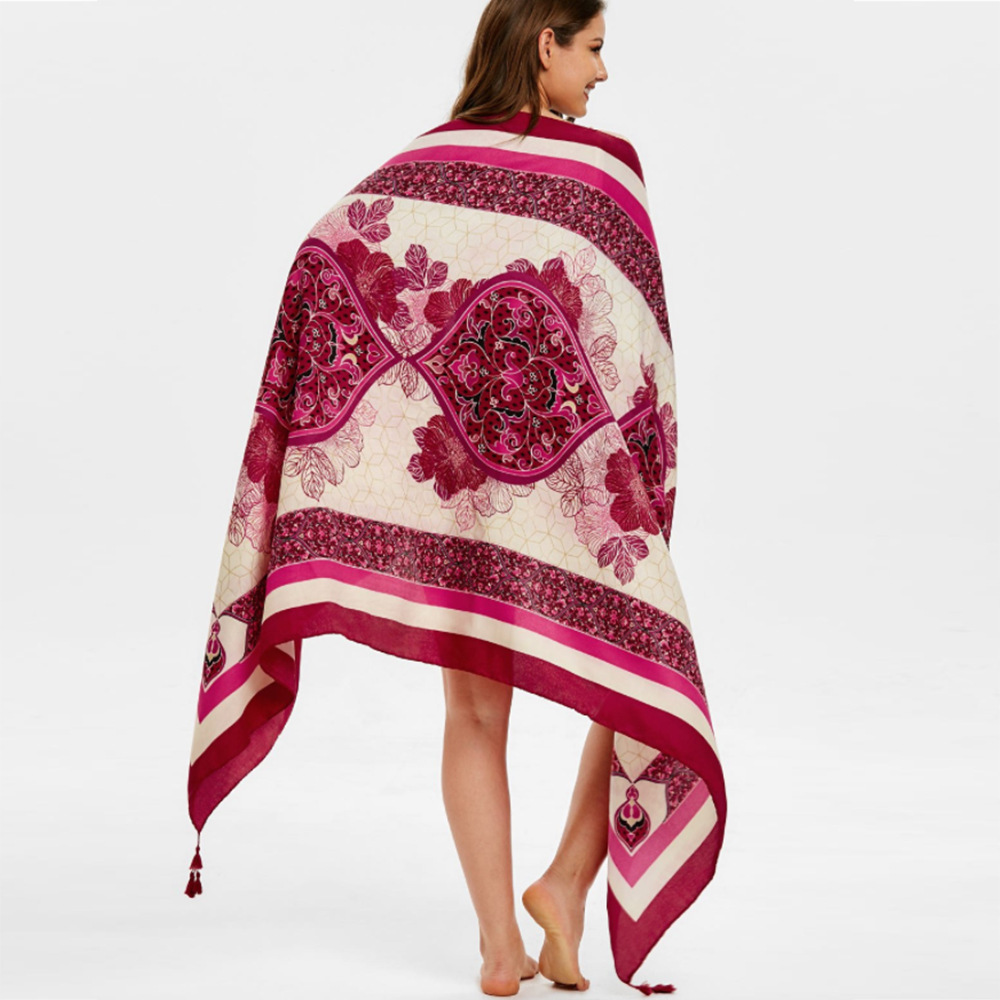 2019速卖通亚马逊爆款欧美外贸披风沙滩巾性感玫红花图腾披风现货