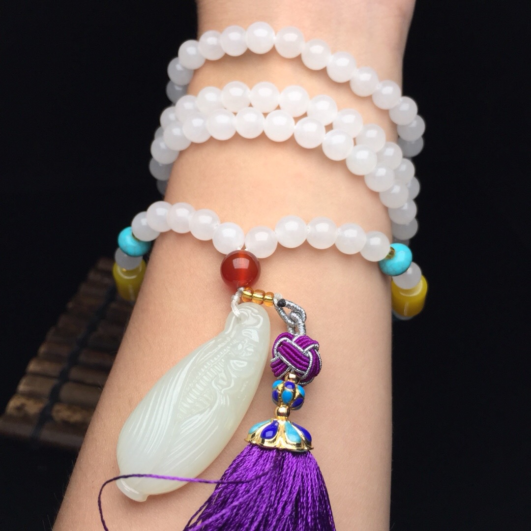 支持鉴定 和田白玉108颗7mm圆珠项链搭配玉米穗玉吊坠女款毛衣链