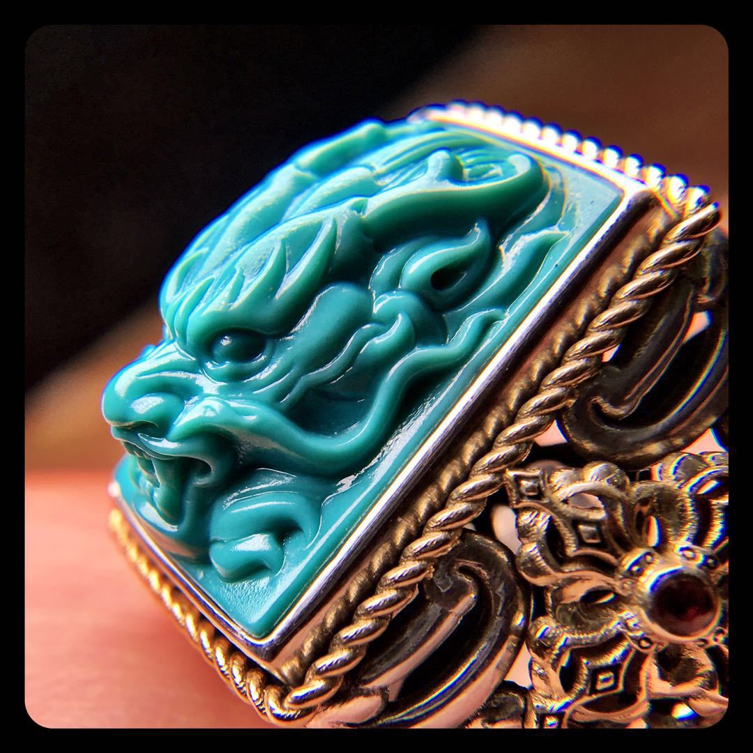 绿松石观音戒指 原矿无优化高瓷洞子沟料精雕戒面 925银镶嵌龙戒