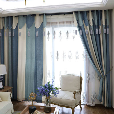 北欧蓝色条纹现代简约窗帘布客厅平帷成品地中海米雪尼尔带帘头