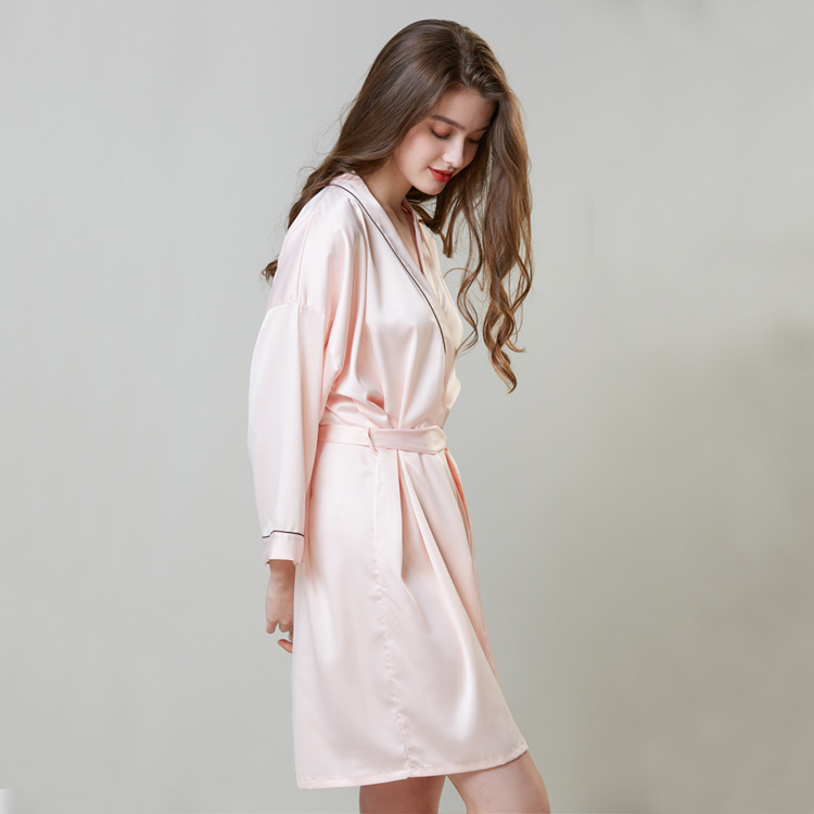 Hot-Selling Pajamas plus-Sized Emulation Silk Nightgown Women's Summer Long-Sleeved Morning Gowns Ice Silk Bath