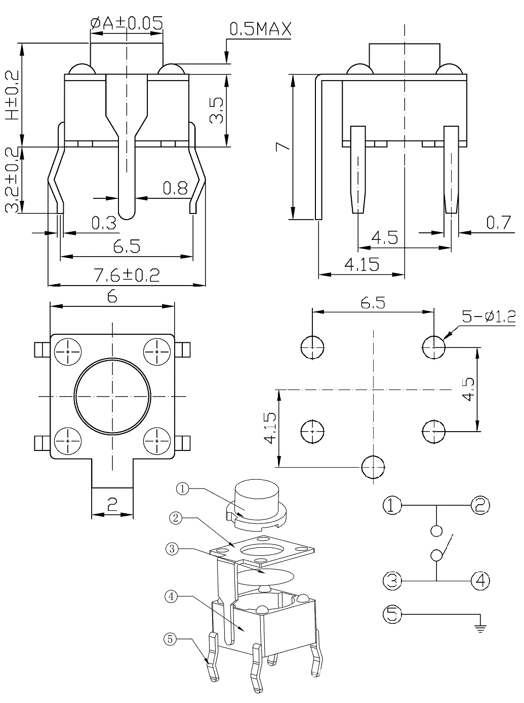 按键开关5脚贴片/轻触开关五脚贴片/按钮开关贴片式5脚