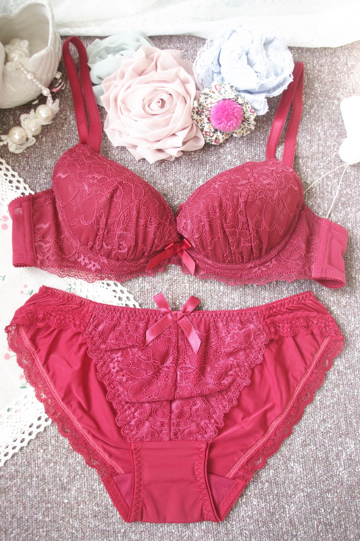 515 日系纯色蕾丝花边绣花时尚甜美聚拢内衣文胸胸罩乳罩套装