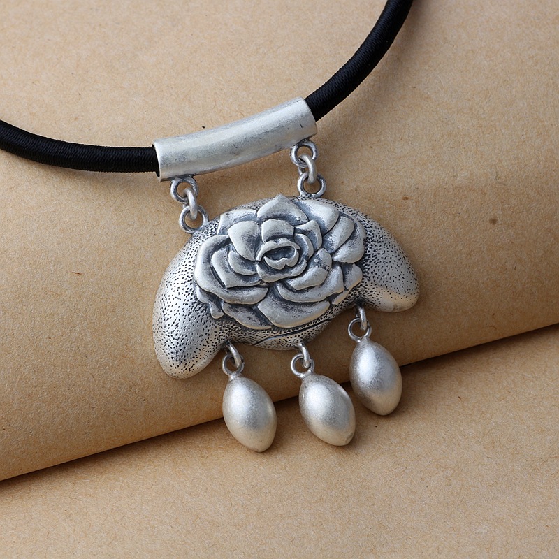 黑泰银饰 复古足银990牡丹吊坠女 花开富贵民族风流苏银坠子批发