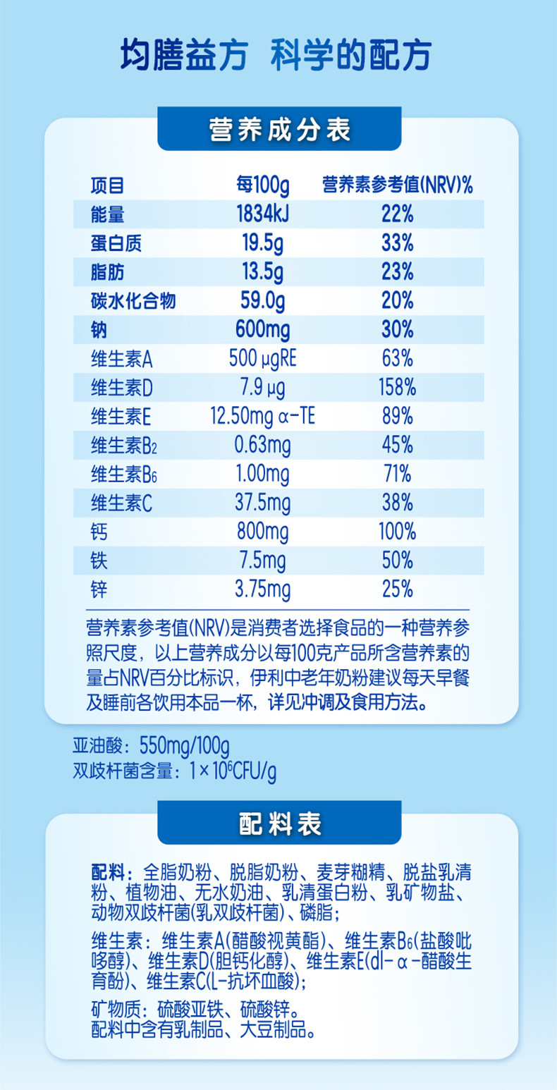 伊利中老年奶粉配料表图片