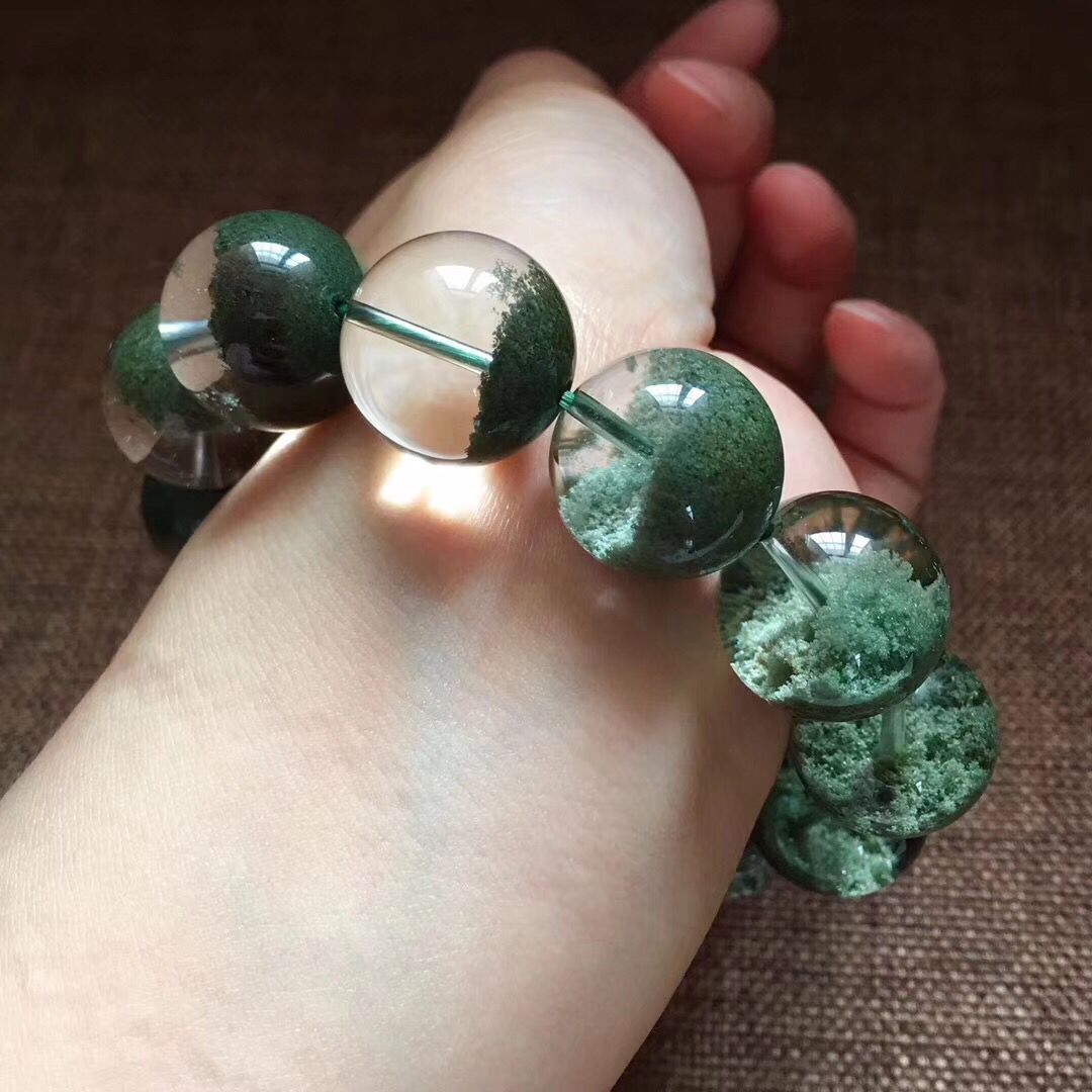 福寿 巴西天然18毫米绿幽灵聚宝盆手链 半盆微红皮 晶体干净